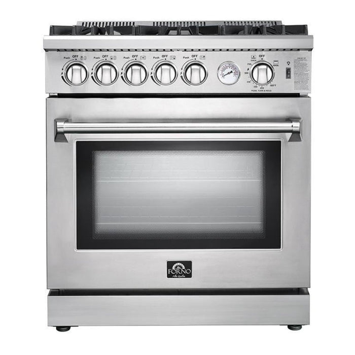 Forno 3-Piece Appliance Package - 30-Inch Gas Range, 56-Inch Pro-Style Refrigerator & Wall Mount Hood with Backsplash in Stainless Steel FORNO