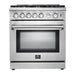 Forno 3-Piece Appliance Package - 30-Inch Gas Range, 56-Inch Pro-Style Refrigerator & Wall Mount Hood with Backsplash in Stainless Steel FORNO
