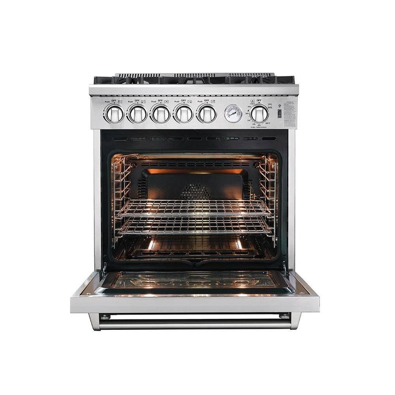 Forno 3-Piece Appliance Package - 30-Inch Gas Range, 56-Inch Pro-Style Refrigerator & Wall Mount Hood with Backsplash in Stainless Steel