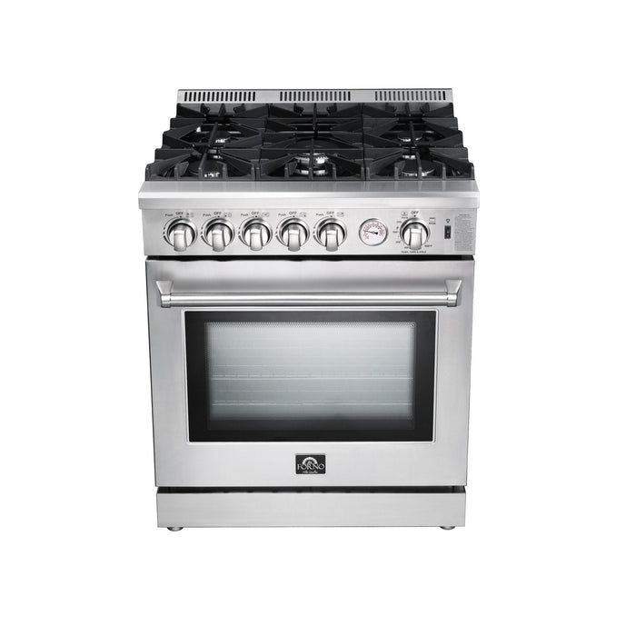 Forno 3-Piece Appliance Package - 30-Inch Gas Range, 56-Inch Pro-Style Refrigerator & Wall Mount Hood with Backsplash in Stainless Steel FORNO