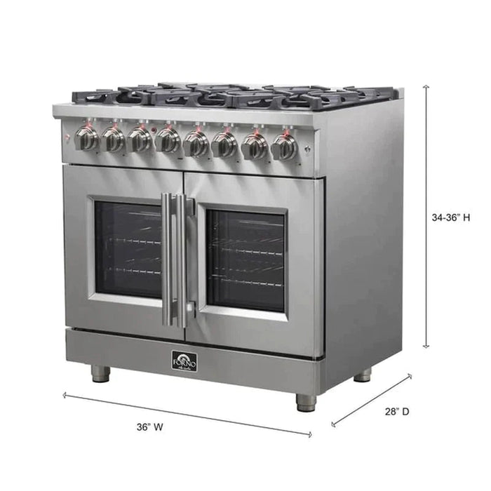 FORNO Massimo 36-Inch Freestanding French Door Dual Fuel Range in Stainless Steel - FFSGS6325-36 FORNO