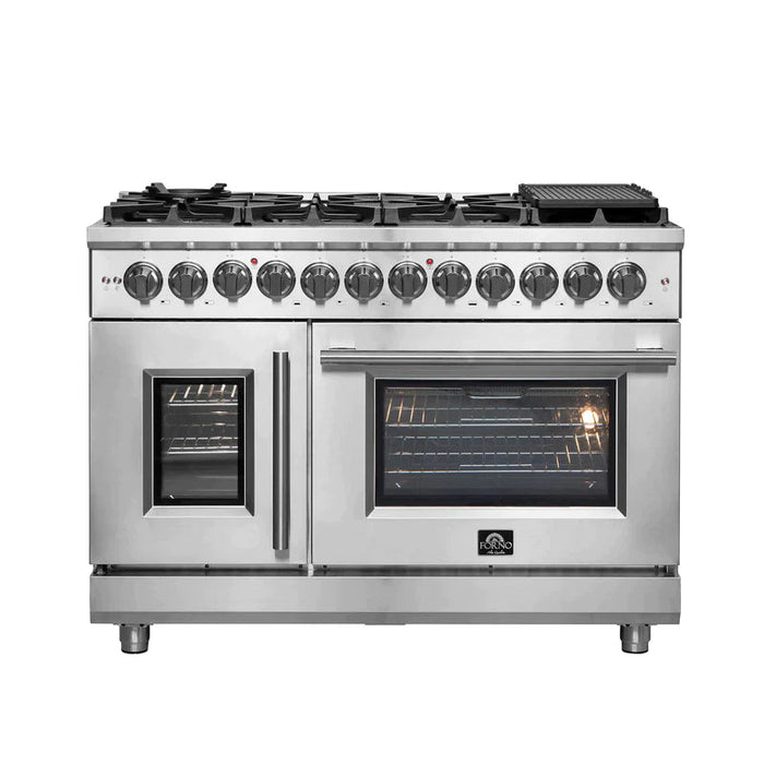 FORNO Massimo 48-Inch Freestanding French Door Dual Fuel Range in Stainless Steel - FFSGS6325-48 FORNO