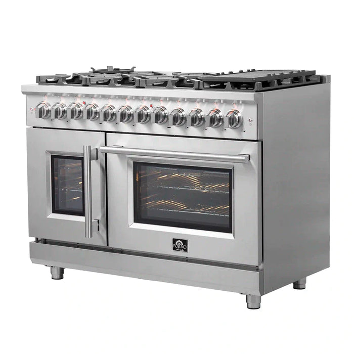 FORNO Massimo 48-Inch Freestanding French Door Dual Fuel Range in Stainless Steel - FFSGS6325-48 FORNO